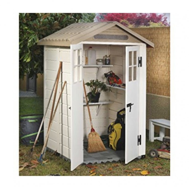 Casetta da Giardino in Resina Tuscany Evo 120 con 2 porte centrali e Pavimentazione inclusa, colore Beige, 137x144x214h cm