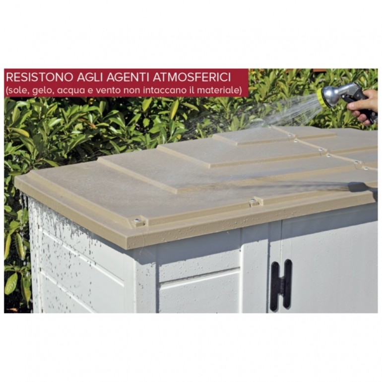 Casetta da Giardino in Resina Tuscany Evo 120 con 2 porte centrali e Pavimentazione inclusa, colore Beige, 137x144x214h cm