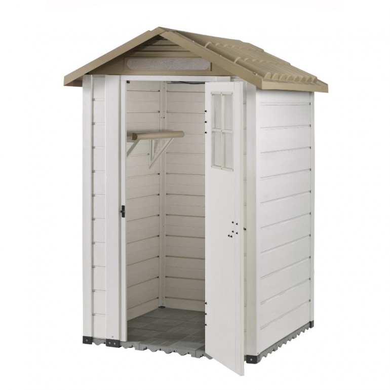 Casetta da Giardino in Resina Tuscany Evo 120 con 1 porta centrale e Pavimentazione inclusa, colore Beige, 137x144x214h cm