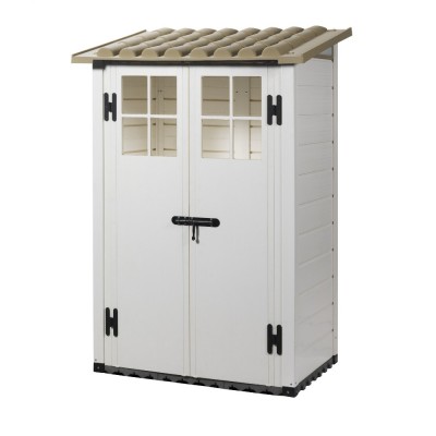 Casetta da Giardino in Resina Tuscany Evo 100 con 2 porte centrali e Pavimentazione inclusa, colore Beige, 95x139x201h cm