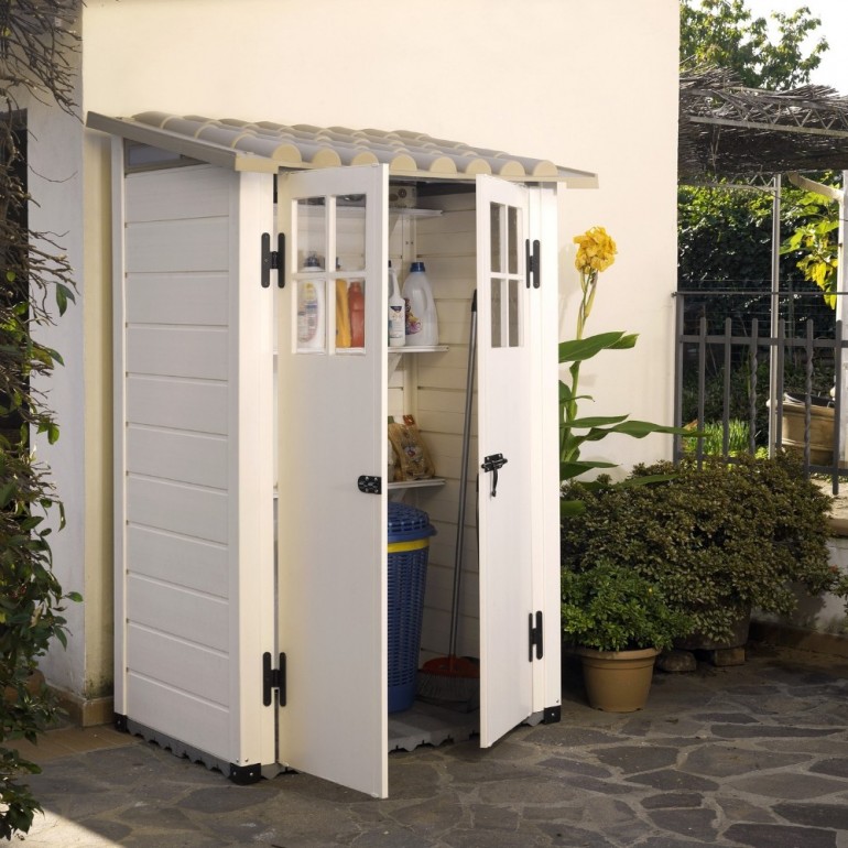 Casetta da Giardino in Resina Tuscany Evo 100 con 2 porte centrali e Pavimentazione inclusa, colore Beige, 95x139x201h cm