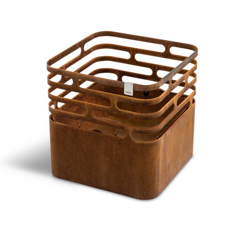 CUBE Rusty fire basket, grill and stool, include cooking grate and bamboo board