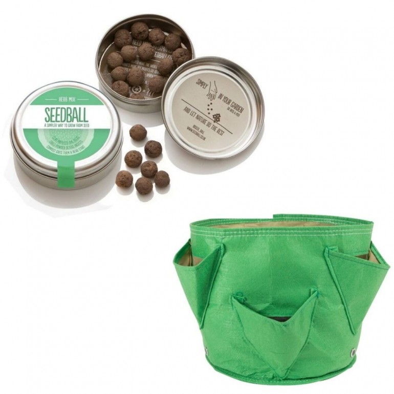 Originale kit regalo con 1 Seedball “Erbe Aromatiche” e 1 vaso in tessuto Bloembagz verde con sei tasche