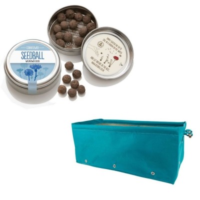 Grazioso kit regalo con 1 Seedball “Fiordaliso” e 1 fioriera in tessuto Bloembagz azzurra