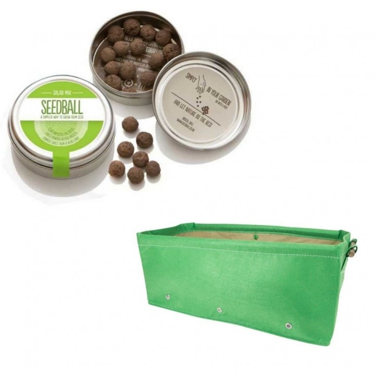 Grazioso kit regalo con 1 Seedball “Miscela Insalata” e 1 fioriera in tessuto Bloembagz verde