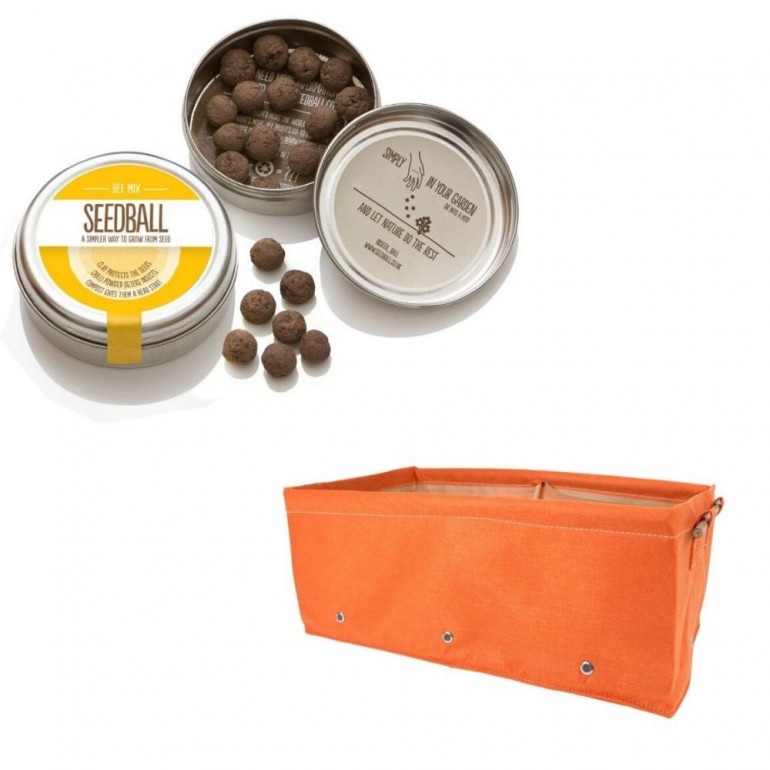 Simpatico kit regalo con 1 Seedball “Miscela Api” e 1 fioriera in tessuto arancione Bloembagz arancione