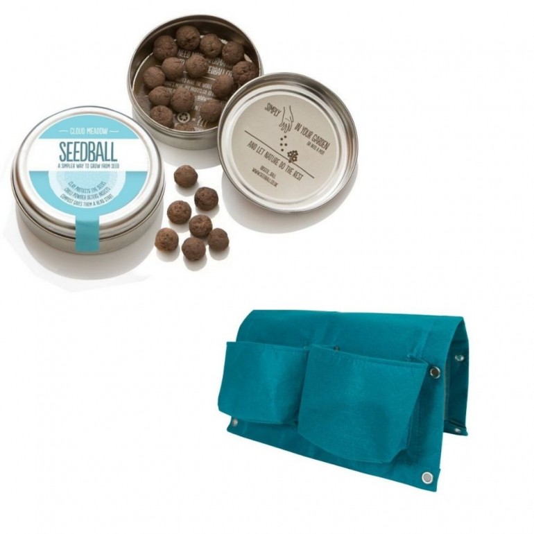 Grazioso kit regalo con 1 Seedball “Miscela Prato Nuvola” e 1 balconiera in tessuto Bloembagz azzurra