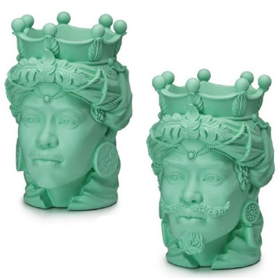 Coppia di Vasi Teste di Moro in Resina colore Corallo, altezza 28 cm