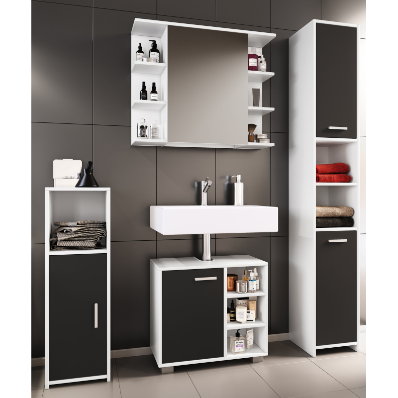 Domus di Ezooza  Set Bagno Completo 4 Pezzi Mobile + Colonna + Pensile e armadietto a specchio, Nero ,