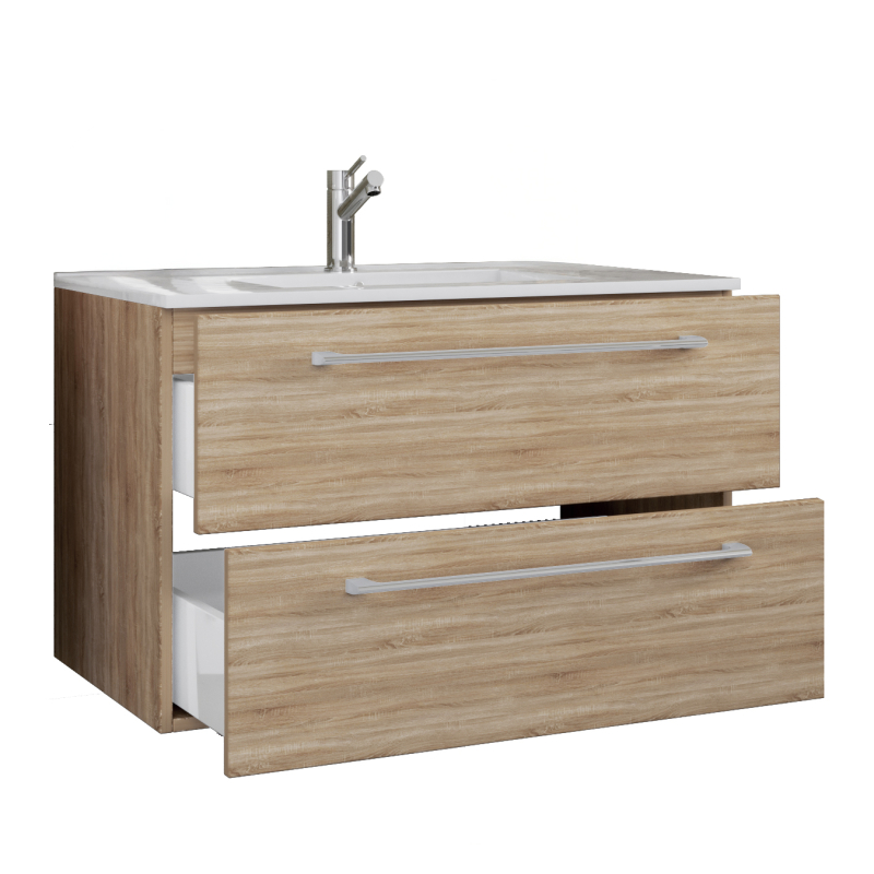 Completo di Ezooza Set Bagno 2 Pezzi Mobile Large con 2 cassetti e Lavabo sospesi , Rovere Sonoma ,