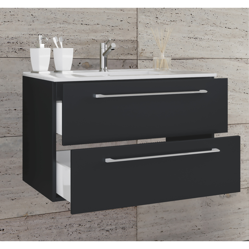 Completo di Ezooza Set Bagno 2 Pezzi Mobile Extra Large con 2 cassetti e Lavabo sospesi, Nero ,