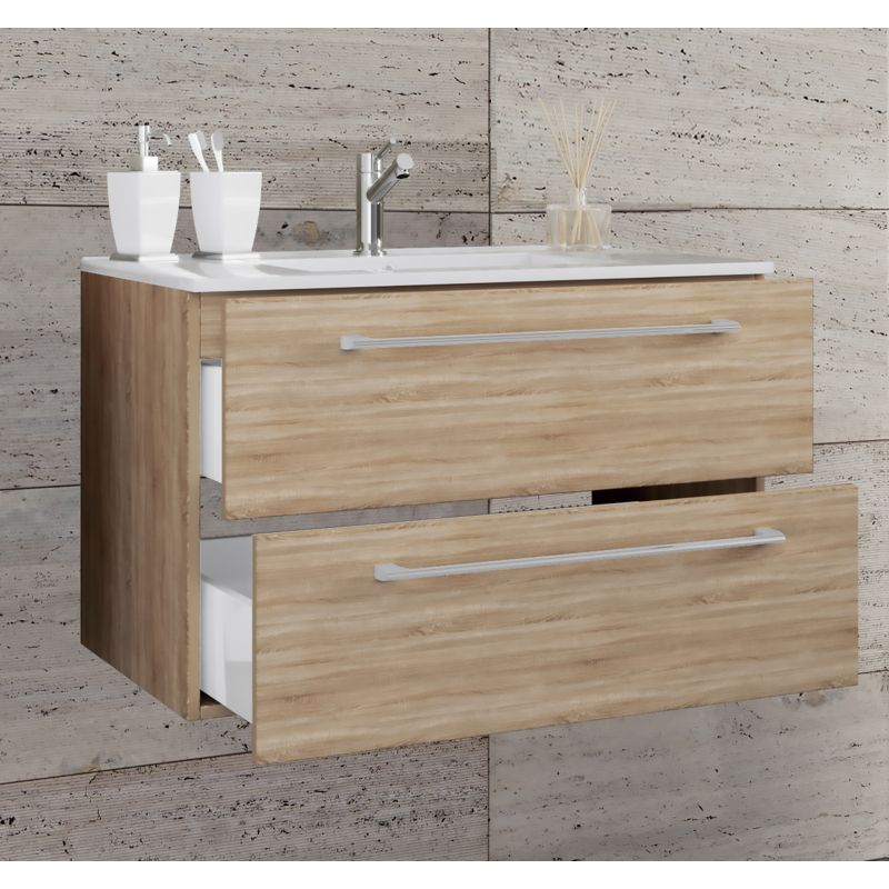 Completo di Ezooza Set Bagno 2 Pezzi Mobile Extra Large con 2 cassetti e Lavabo sospesi, Rovere Sonoma ,