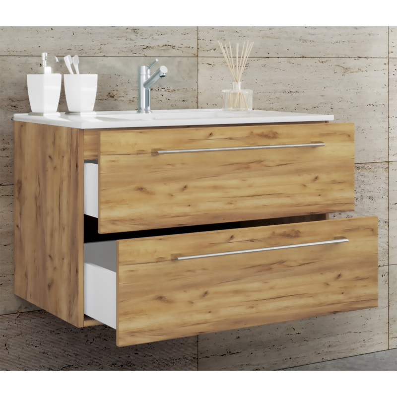 Completo di Ezooza Set Bagno 2 Pezzi Mobile Extra Large con 2 cassetti e Lavabo sospesi, Rovere miele ,