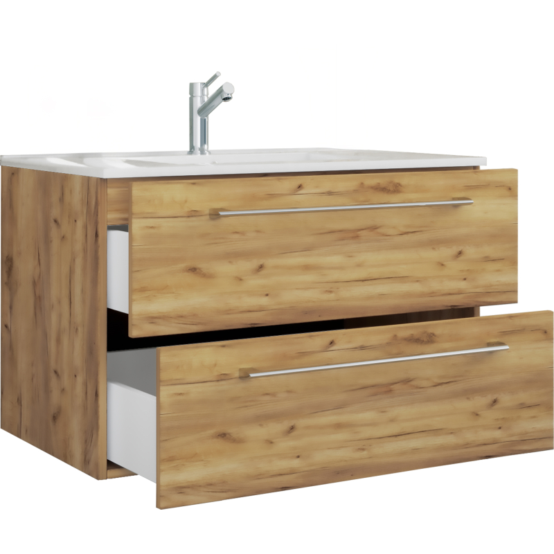 Completo di Ezooza Set Bagno 2 Pezzi Mobile Extra Large con 2 cassetti e Lavabo sospesi, Rovere miele ,