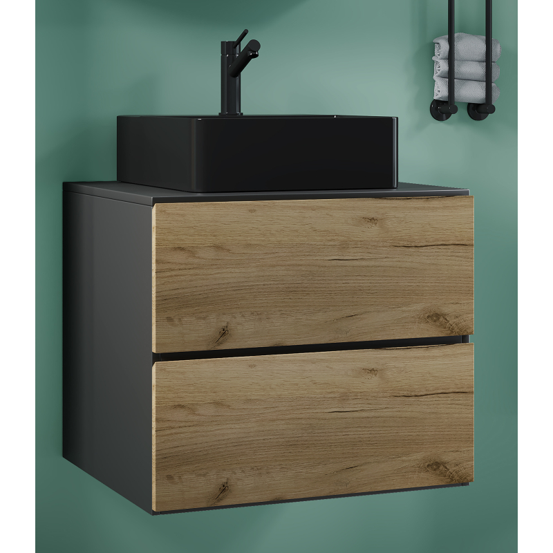 Luce di Ezooza Set Bagno 2 Pezzi Mobile Large con 2 cassetti e Lavabo sospesi , Antracite/Rovere , lavabo Nero