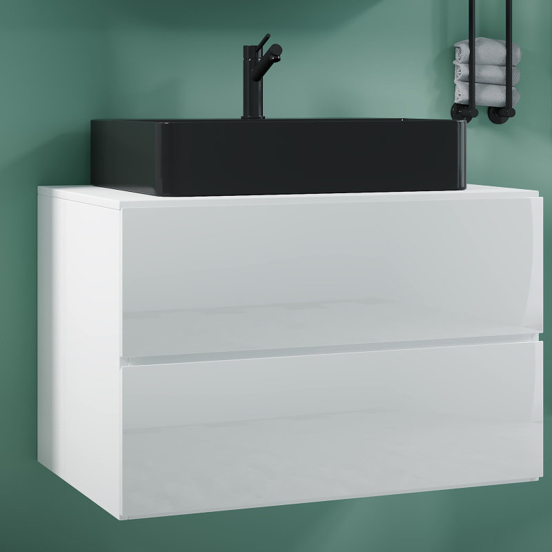 Luce di Ezooza Set Bagno 2 Pezzi Mobile Extra Large con 2 cassetti e Lavabo sospesi, Bianco , lavabo Nero