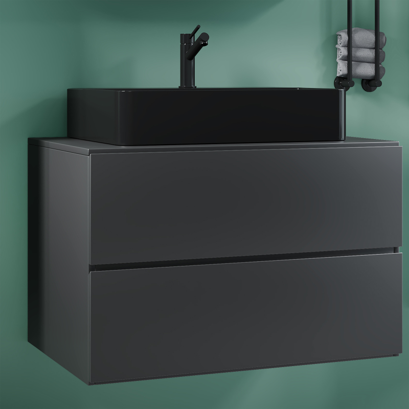 Luce di Ezooza Set Bagno 2 Pezzi Mobile Extra Large con 2 cassetti e Lavabo sospesi, Antracite , lavabo Nero