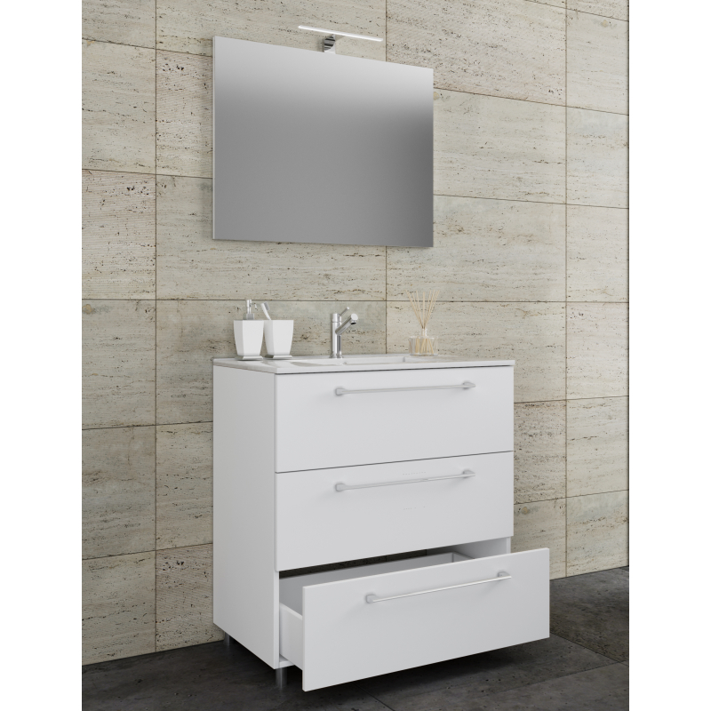 Completo di Ezooza Mobile a terra con 3 cassetti Large con lavabo in ceramica di alta qualità e specchio, Bianco ,